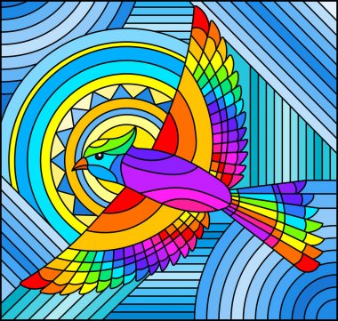 Vitray tarz ile soyut geometrik gökkuşağı kuş ve mavi arka plan üzerinde güneşin çizimde