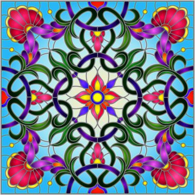 Vitray tarzı çiçek, soyut çiçek süslemeli çizimde bırakır ve mavi arka plan, kare görüntü bukleler