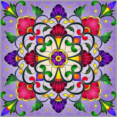 Vitray tarzı çiçek, soyut çiçek süslemeli çizimde bırakır ve mavi arka plan, kare görüntü bukleler