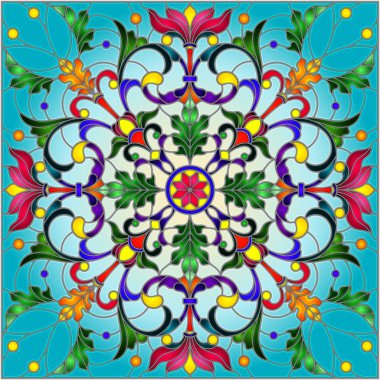 Vitray tarzı çiçek, soyut çiçek süslemeli çizimde bırakır ve mavi arka plan, kare görüntü bukleler