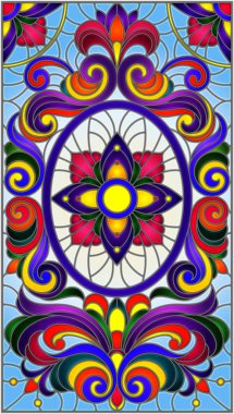 İllüstrasyon soyut swirls, vitray tarzında çiçekler ve mavi bir arka plan üzerinde bırakır