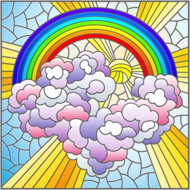 Vitray tarzı ile göksel manzara, güneşin ve bulutların gökkuşağı arka planda, kare görüntü illüstrasyon
