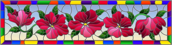 例证在彩色玻璃样式与粉红色的花和叶子在蓝色背景, 水平的图象在明亮的框架 — 图库矢量图片