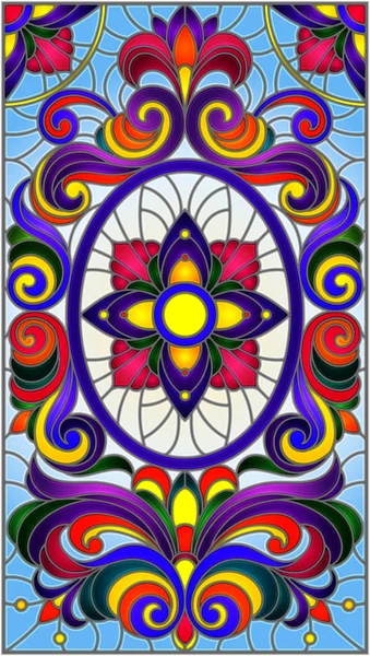 Illustration im Glasmalereistil mit abstrakten Wirbeln, Blumen und Blättern auf blauem Hintergrund — Stockvektor