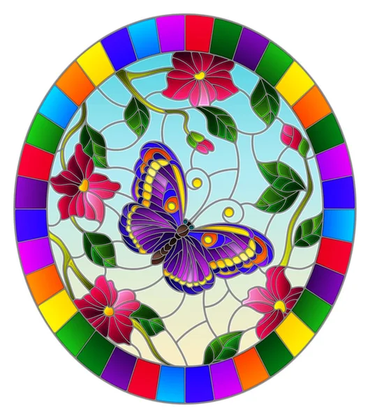 Illustration im Glasmalerei-Stil mit einem hellen lila Schmetterling auf einem Hintergrund aus rosa Blumen und Himmel, ovales Bild in hellem Rahmen — Stockvektor