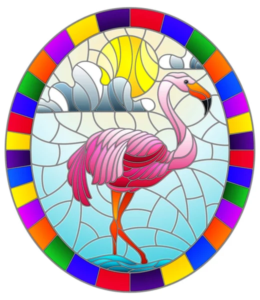 Ilustração em estilo vitral com Flamingo uma lagoa no sol, céu e nuvens, imagem oval em quadro brilhante — Vetor de Stock