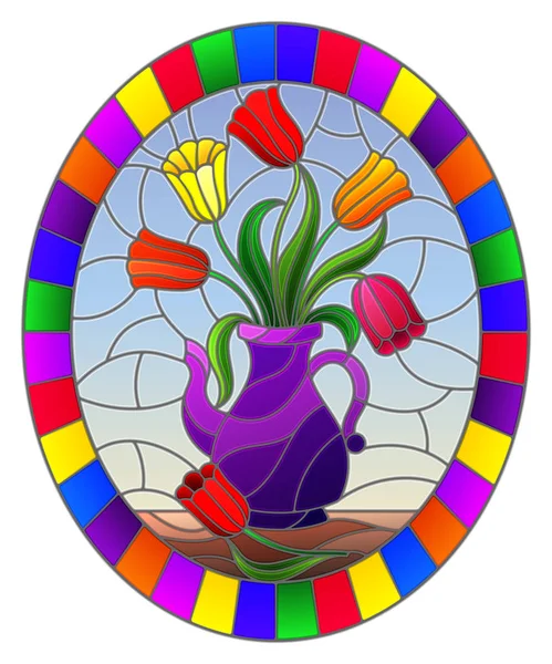 Ilustración en estilo vitral con bodegón, jarra púrpura con tulipanes coloridos, marco oval en brillante — Vector de stock