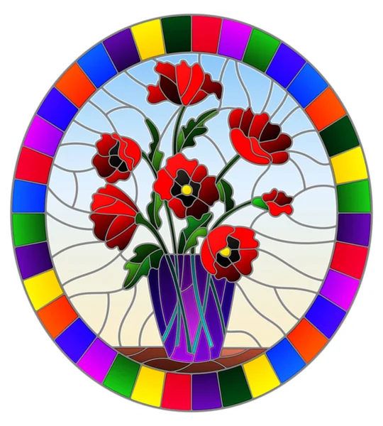 Illustratie in gebrandschilderd glas stijl met boeketten van rode papavers bloemen in een paarse vaas op tafel op een blauwe achtergrond, ronde image in helder frame — Stockvector