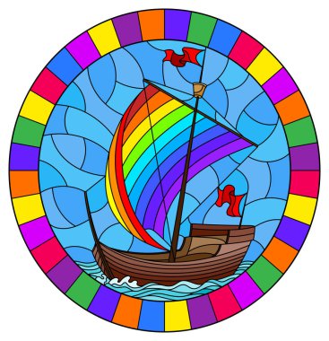 Parlak bir çerçevede deniz ve güneş oval görüntü karşı gökkuşağı yelkenleri ile yelken eski bir gemi ile vitray tarzında Illustration