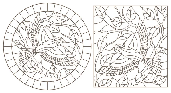 Un set de ilustrații de contur de vitralii cu păsări pe fundalul ramurilor și frunzelor, contururi întunecate pe un fundal alb — Vector de stoc