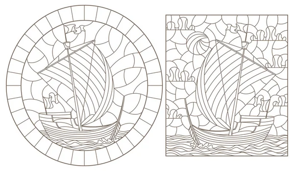 Un ensemble d'illustrations de contours de vitraux avec de vieux voiliers, des contours sombres sur fond blanc — Image vectorielle