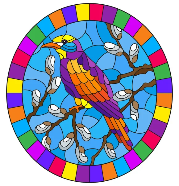 Иллюстрация в витражном стиле с яркой птицей на ивовых ветвях против неба, овальное изображение в яркой рамке — стоковый вектор