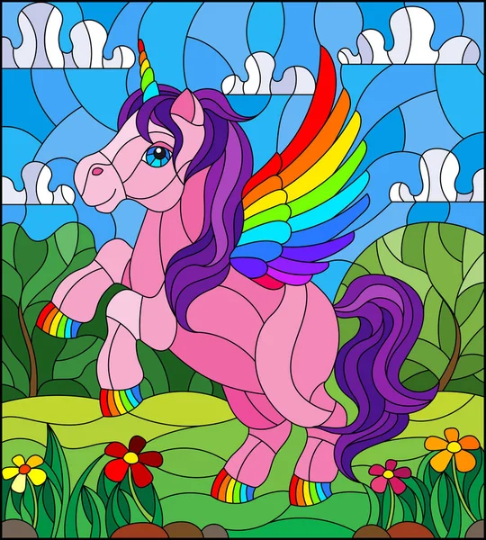 Ilustración en estilo vidriera con unicornio de dibujos animados rosa sobre fondo de vegetación y cielo — Vector de stock