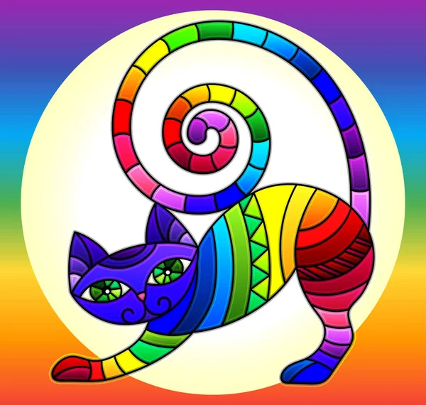 Ilustración en estilo vidriera con gato arco iris brillante en círculo sobre fondo arcoíris — Vector de stock