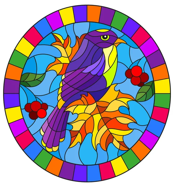 Ilustración en el estilo de vidrieras con un hermoso pájaro púrpura brillante sobre un fondo de rama de árbol y cielo, imagen oval en marco brillante — Archivo Imágenes Vectoriales