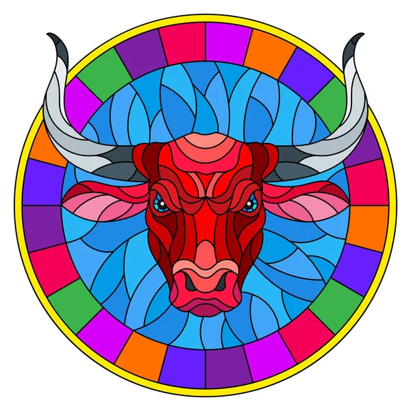 Ilustração em estilo vitral com cabeça de touro vermelho em quadro redondo no fundo branco — Vetor de Stock