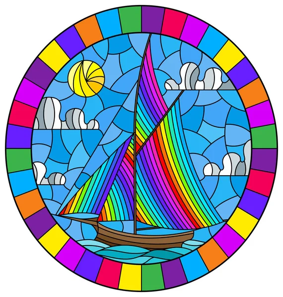 Ilustração em estilo vitral com um velho navio navegando com velas de arco-íris contra o mar e imagem oval do sol em uma moldura brilhante —  Vetores de Stock
