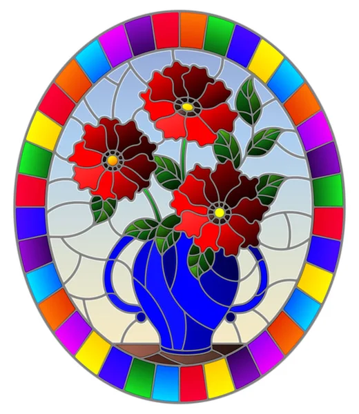 Ilustración en estilo vitral con bodegón, ramo de flores rojas en un jarrón azul, imagen ovalada en marco brillante — Vector de stock