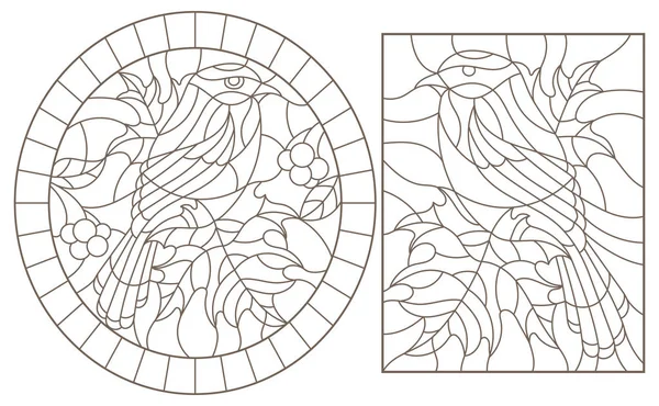 En uppsättning kontur illustrationer av blyinfattade fönster med fåglar på en bakgrund av löv och bär, mörka konturer på en vit bakgrund — Stock vektor