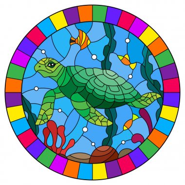Yosun, balık ve taşlar, parlak çerçevedeki oval görüntü ile deniz kaplumbağası ile vitray tarzında Illustration