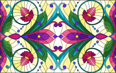 İllüstrasyon soyut swirls, vitray tarzında çiçekler ve hafif bir arka plan üzerinde yatay yönlendirme bırakır