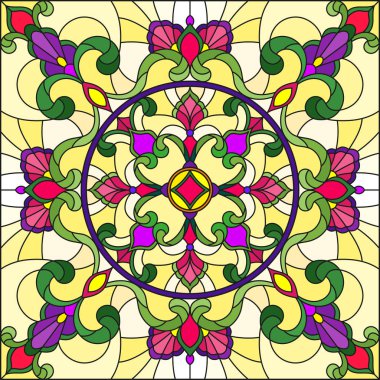 Vitray stil, çiçek süs eşyaları ve swirls ile kare ayna görüntüsü, sarı zemin üzerine kırmızı ve mor desen illüstrasyon