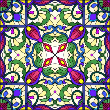 Vitray stil, çiçek süs eşyaları ve swirls ile kare ayna görüntüsü, sarı zemin üzerine kırmızı ve mor desen illüstrasyon