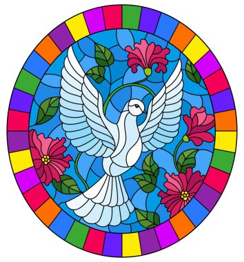 Pembe çiçeklerarka planda uçan beyaz güvercin ile vitray tarzı İllüstrasyon , parlak çerçeve oval resim