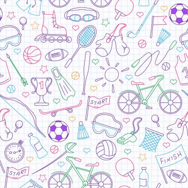 Yaz sporları teması üzerinde Dikişsiz desen, basit simgeler bir kafes içinde temiz yazma-kitap sayfası üzerinde renkli işaretleri