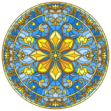 Vitray stil, ayna görüntüsü çiçek süs eşyaları ve swirls ile yuvarlak resimde