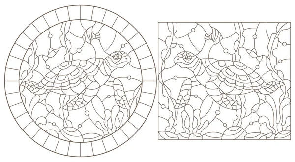 Série d'illustrations de contours de vitraux avec des tortues sur le fond des fonds marins, contours sombres sur fond blanc — Image vectorielle