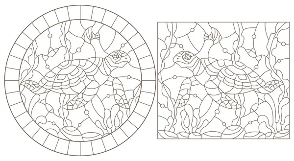 Zestaw kontur ilustracje witraży Windows z żółwi na tle dna morskiego, ciemne kontury na białym tle — Wektor stockowy