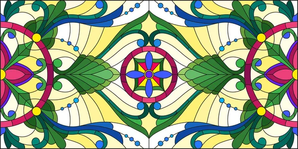 Illustratie in gebrandschilderd glas stijl met abstracte wervelingen, bloemen en bladeren op een lichte achtergrond, horizontale oriëntatie — Stockvector