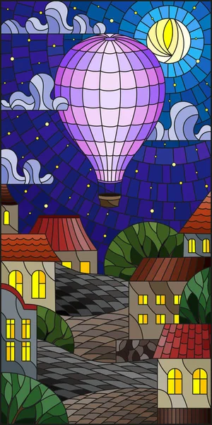 Ілюстрація у вітражному стилі з яскравою кулею, що літає над містом на тлі хмарного неба та Місяця — стоковий вектор