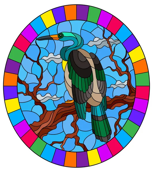 Ilustración en estilo vitral con un pájaro Garza sentado en un árbol sobre un fondo de pantano y cielo, imagen ovalada en marco brillante — Vector de stock