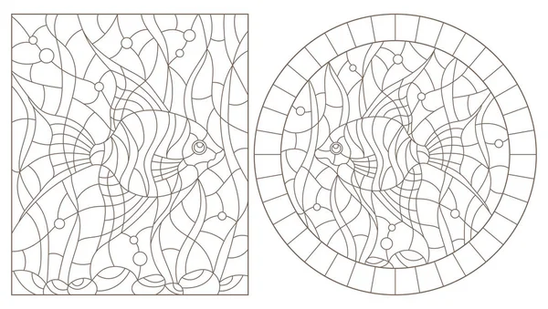 Set de ilustrații de contur de vitralii cu pești angelfish pe fundalul fundului mării și alge, contururi întunecate pe un fundal alb — Vector de stoc