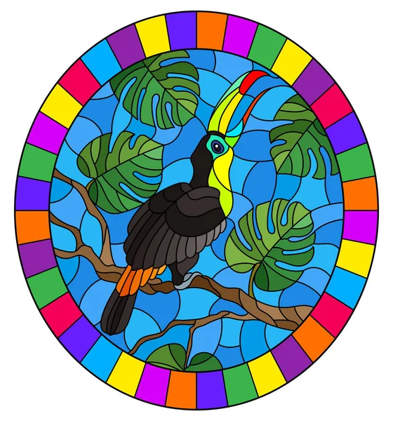 Ilustración en pájaro de estilo vidriera Tucán en rama árbol tropical contra el cielo, imagen ovalada en marco brillante — Vector de stock