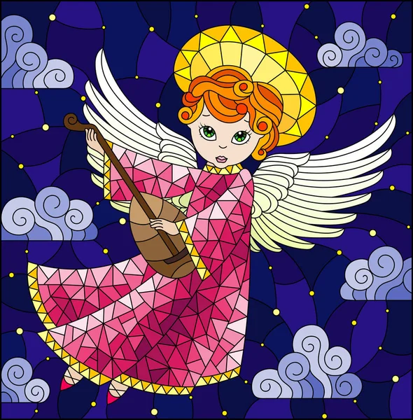 Ілюстрація у вітражному стилі з мультяшним рудим ангелом у рожевій сукні, що грає люттю на хмарному небі з зірками — стоковий вектор