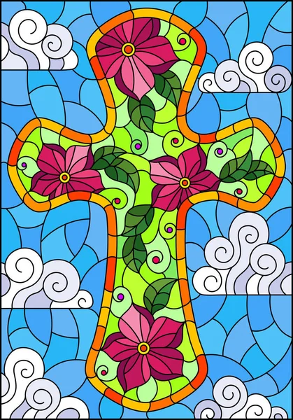 Ilustración en estilo vidriera con cruz cristiana decorada con flores rosadas sobre fondo azul cielo con nubes — Archivo Imágenes Vectoriales