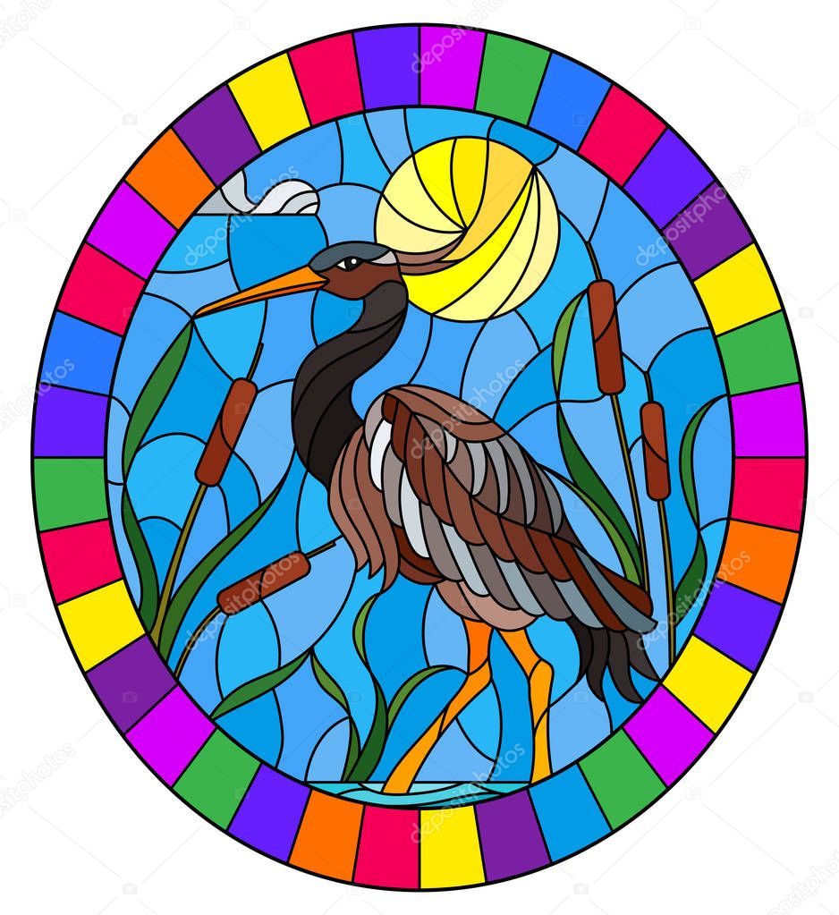 Illustration in stained glass style with brown  heron ,  reeds on a pond in the sun, sky and clouds and sun ,oval image in bright frame