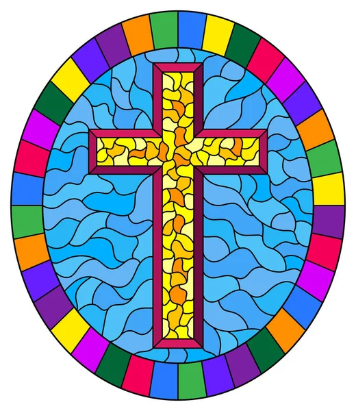 Illustration en style vitrail avec une croix jaune sur un fond bleu abstrait, cadre ovale en lumineux — Image vectorielle