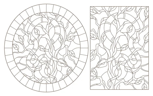 设置的轮廓插图的彩色玻璃窗与蛇在树上 — 图库矢量图片