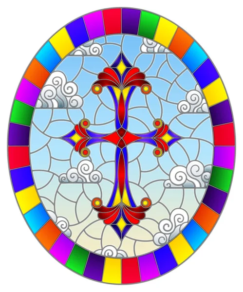 Ilustrace v vitráže stylu s jasný kříž na pozadí modré oblohy a mraky, oválný obraz v hledáčku — Stockový vektor