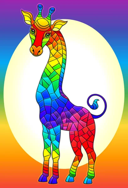 Ilustración en estilo vidriera con arco iris brillante jirafa linda sobre un fondo de arco iris — Vector de stock