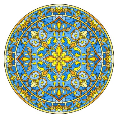 Vitray stil, ayna görüntüsü çiçek süs eşyaları ve swirls ile yuvarlak resimde