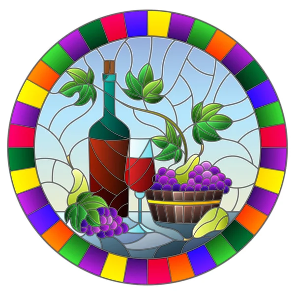 Ilustrace ve stylu barevného skla s nehybný život, láhev vína, skla a vinných hroznů na modrém pozadí, kulatý obraz v jasném rámu — Stockový vektor