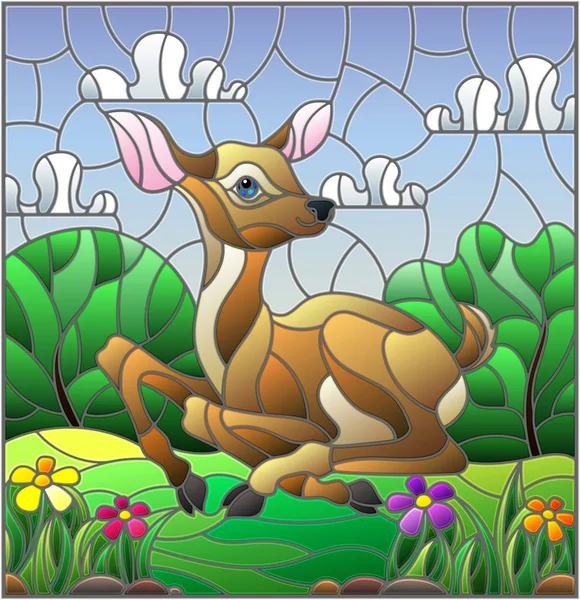 Ilustración en estilo vitral con un cervatillo sobre el fondo de prados verdes, flores y cielo nublado — Vector de stock