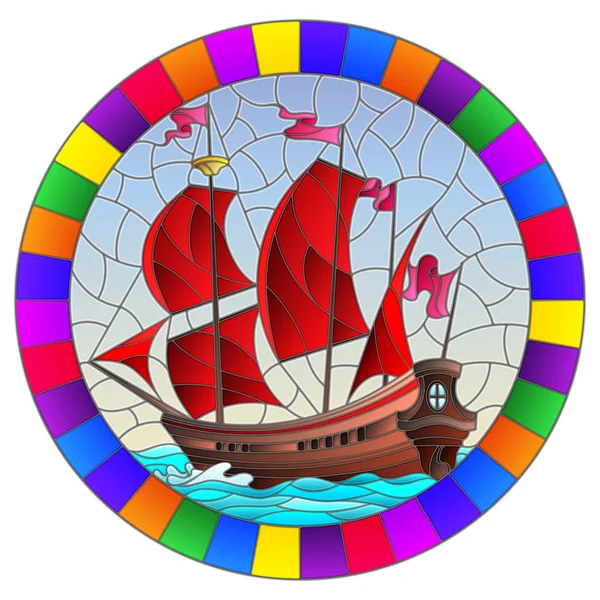 Illustratie in gebrandschilderd glas stijl met een oude schip zeilen met rode zeilen tegen de seaand lucht, seascape, ronde image in helder frame — Stockvector
