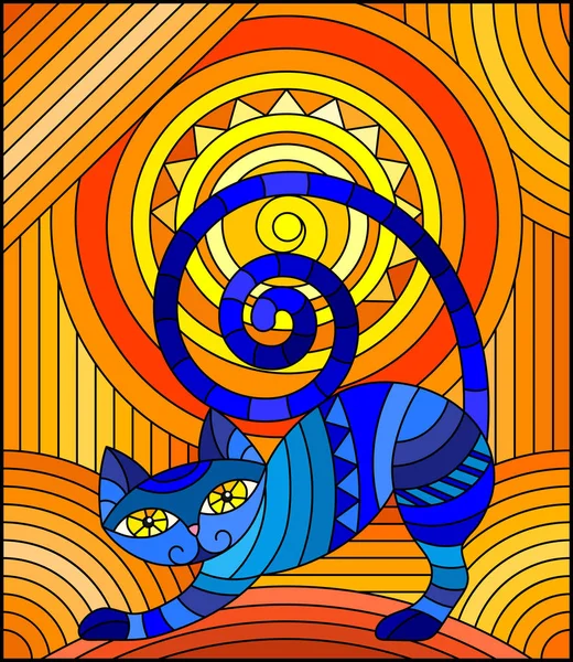 스테인드 글라스 스타일 오렌지 배경에 파란색 추상적인 기하학적 고양이 그림 — 스톡 벡터