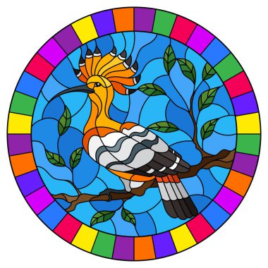 Gökyüzüne karşı bir ağaç dalı üzerinde oturan hoopoe kuş ile vitray tarzı İllüstrasyon, parlak çerçeve de yuvarlak görüntü 